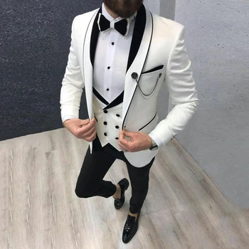 2021 Najnovejše Bele Obleke za Poroko Tuxedos Ženina Wear Black Dosegla vrhunec River Groomsmen Obleko Človek Blazerji 3 Kosov Kostum Homme