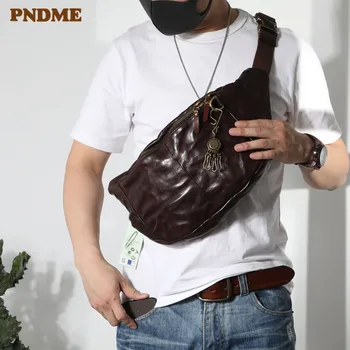 PNDME moda letnik visoke kakovosti pravega usnja za moške prsi vrečko priložnostne najstnike velikih mehko cowhide pasu paketi messenger vrečke